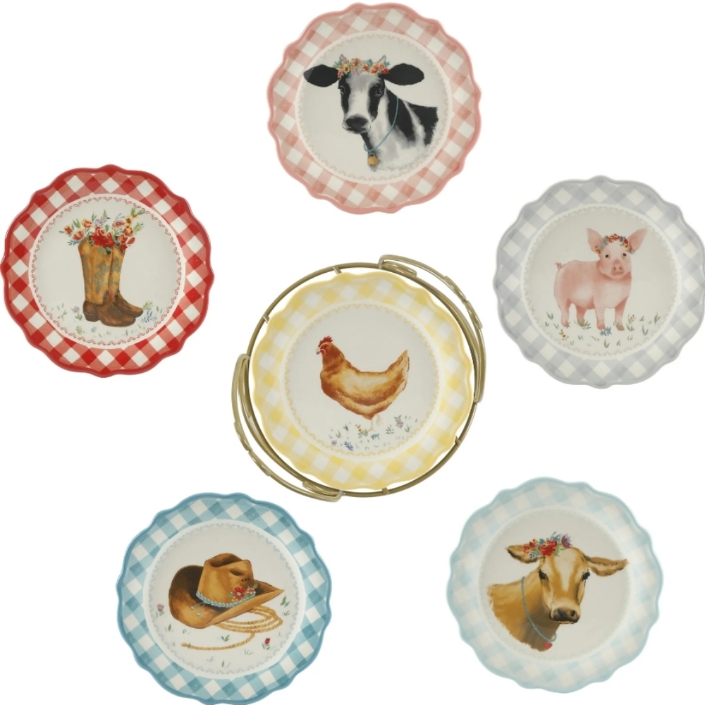 🎁 New Pioneer Woman Novelty 7 Inch Plates with Rack